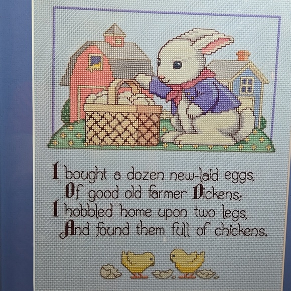 Framed Cross Stitch Bunny with Basket and Chickens - Pastel Blue Mat. 13" × 15" - Picture 2 of 8